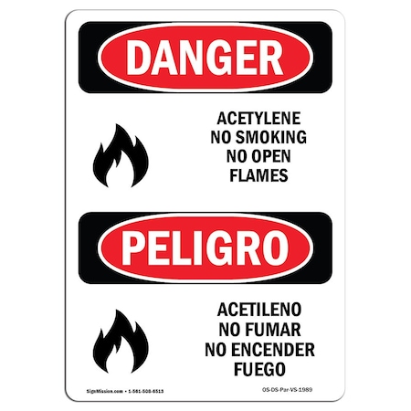 OSHA Danger, Acetylene No Smoking No Open Flames, 14in X 10in Rigid Plastic